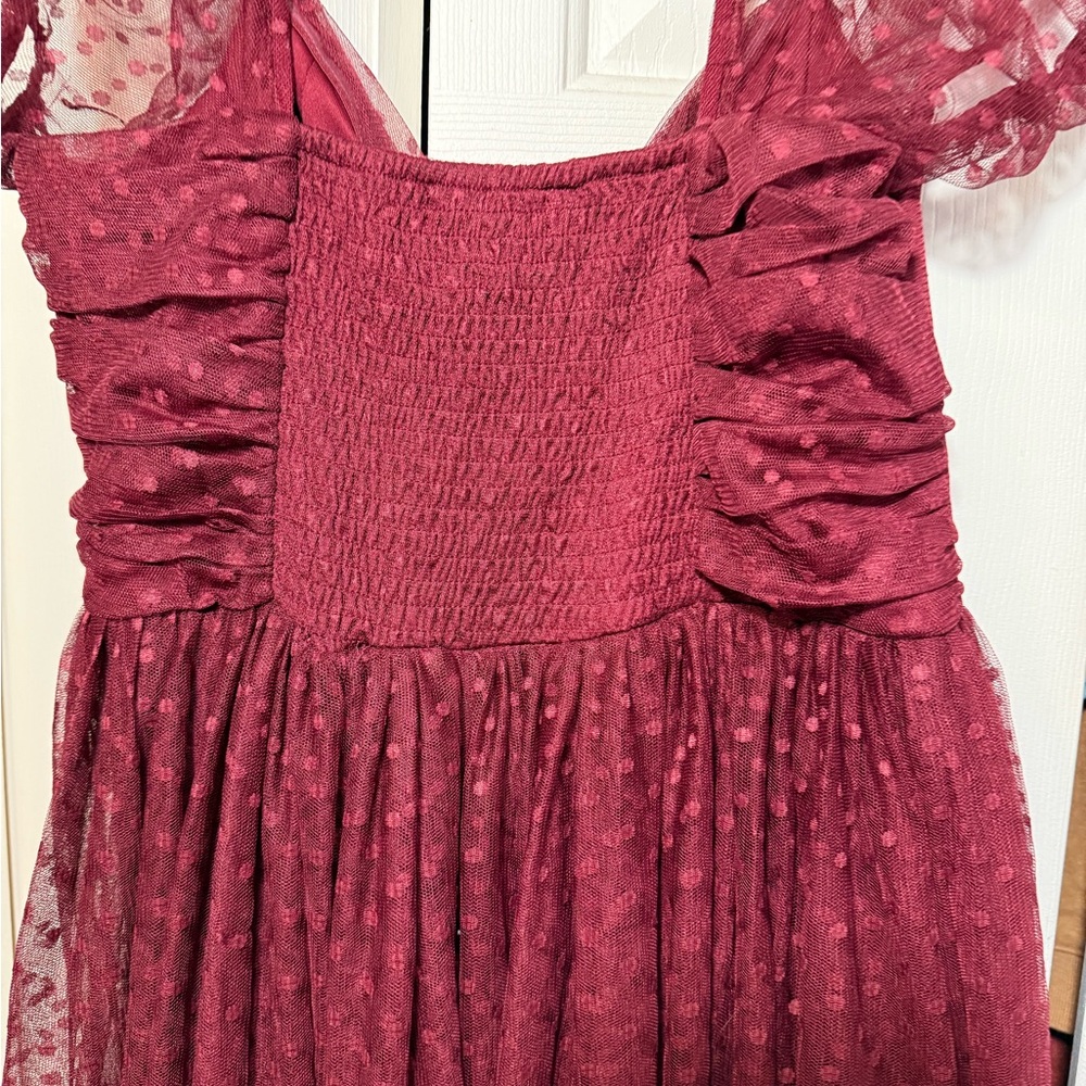 Lulu's Deep Red Tulle Dress with Textured Sleeves - Picture 4 of 7